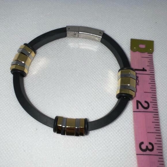 BLACK RUBBER GOLD SILVER STAINLESS STEEL BEADS CLASP BANGLE BRACELET 3” - Picture 7 of 8